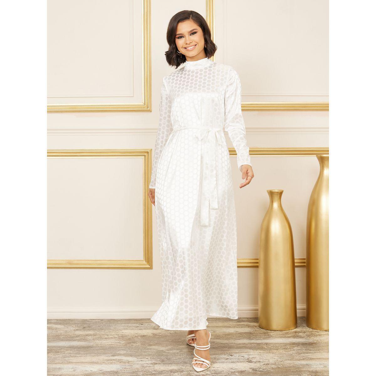 Styli Satin Jacquard Print High Neck A-Line Maxi Dress with Self Tie Up-women-clothing-dresses-image-1