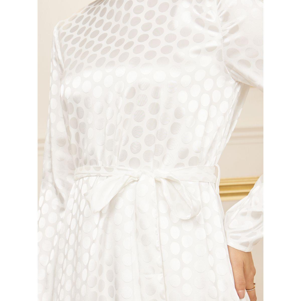 Styli Satin Jacquard Print High Neck A-Line Maxi Dress with Self Tie Up-women-clothing-dresses-image-3