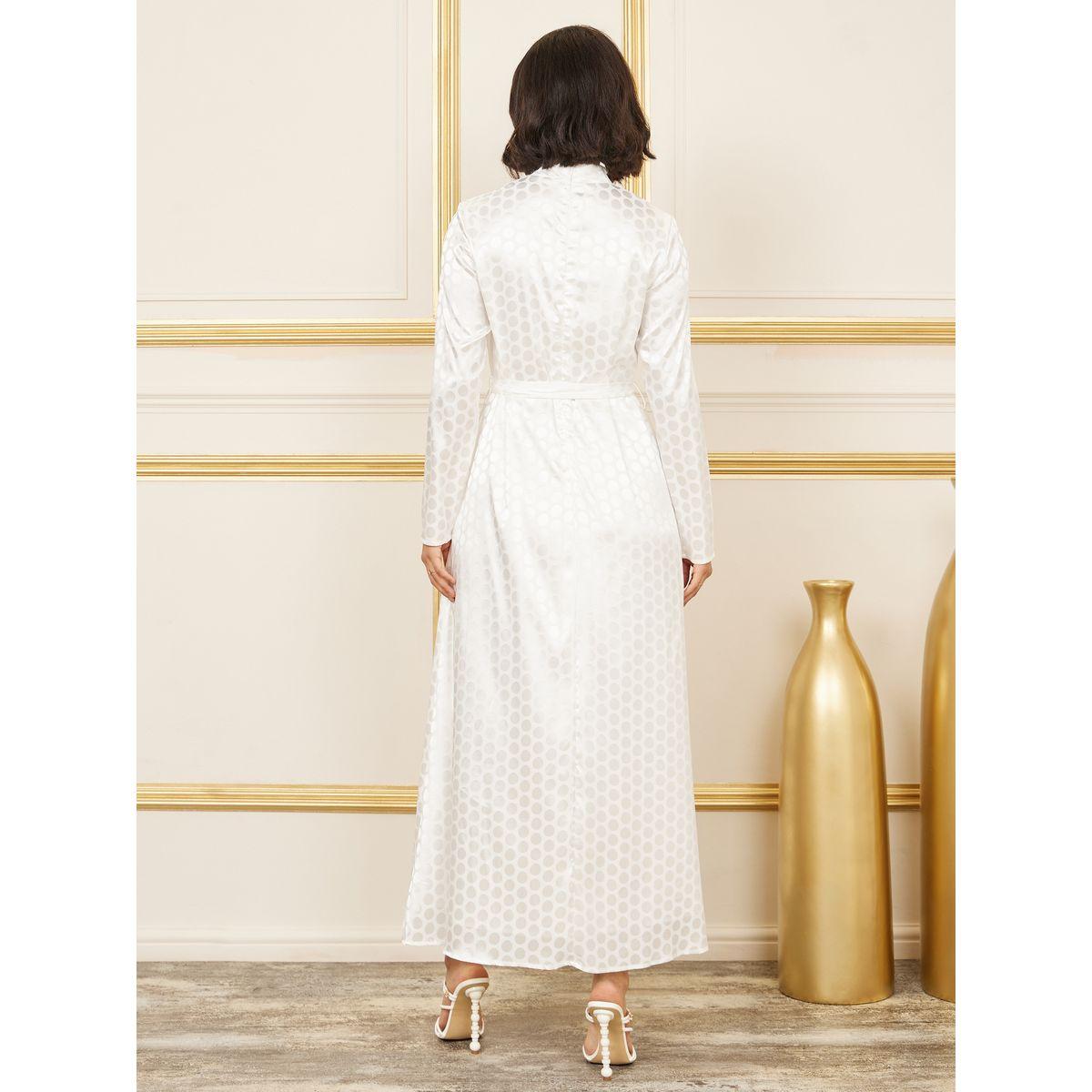 Styli Satin Jacquard Print High Neck A-Line Maxi Dress with Self Tie Up-women-clothing-dresses-image-4