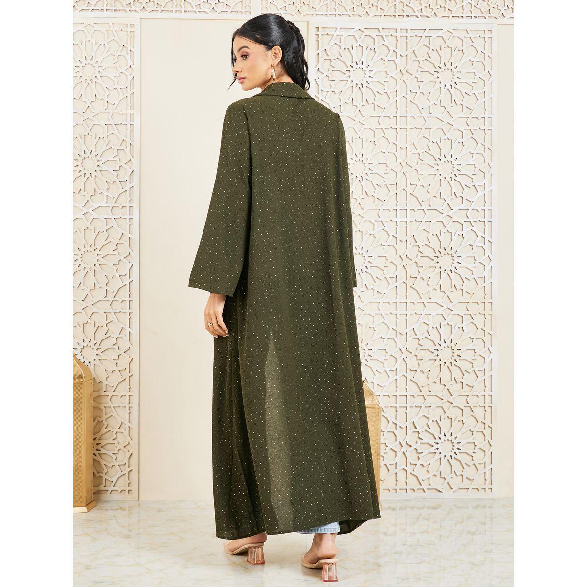 Styli Spot Print Front Open Collared Maxi Abaya-women-arabicclothing-abayas-image-4
