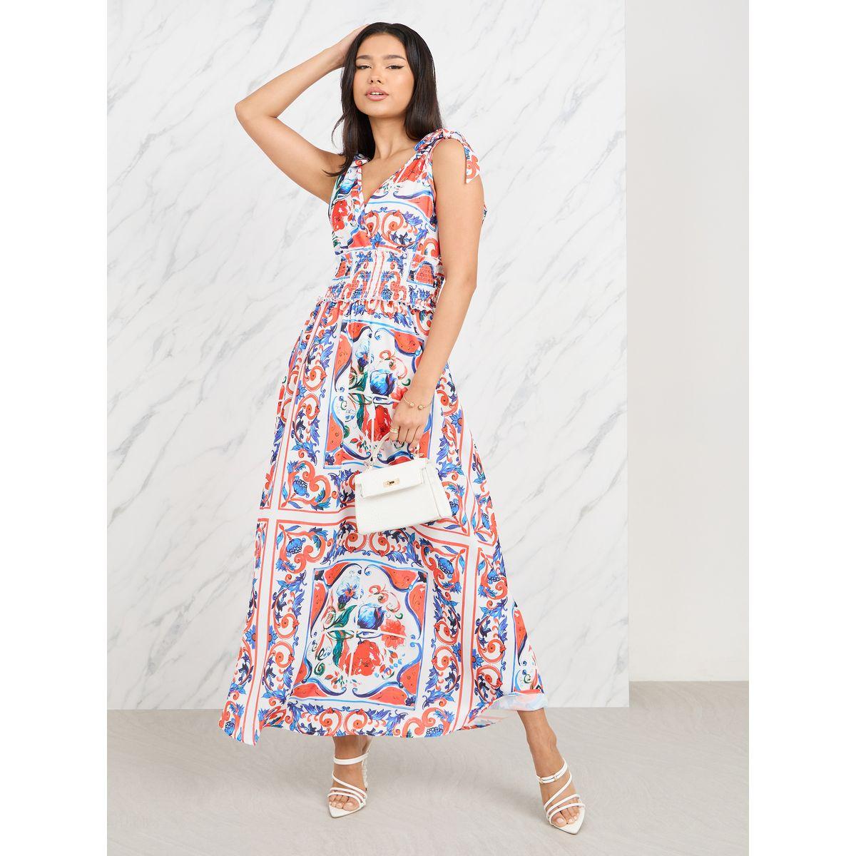 Styli Scarf Print Smocked Waist Tie Sleeves A-Line Maxi Dress-women-clothing-dresses-image-1