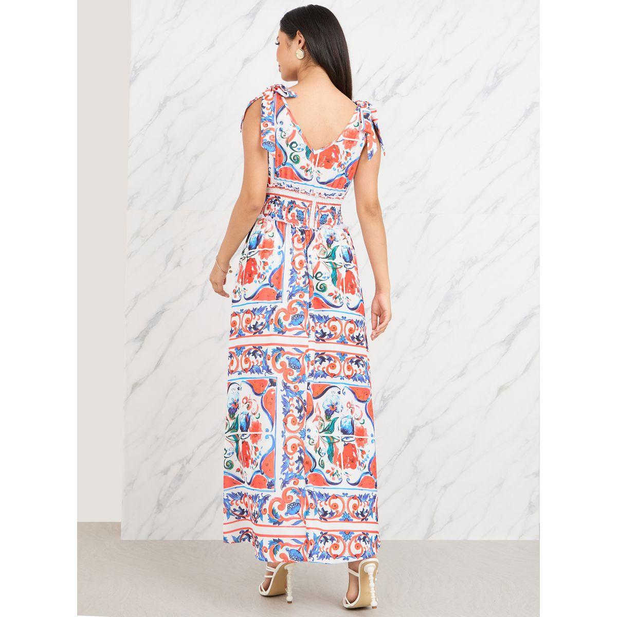 Styli Scarf Print Smocked Waist Tie Sleeves A-Line Maxi Dress-women-clothing-dresses-image-4