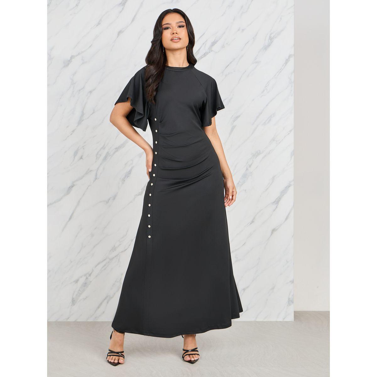 Styli Pleated Button Detail A-Line Maxi Dress-women-clothing-dresses-image-1