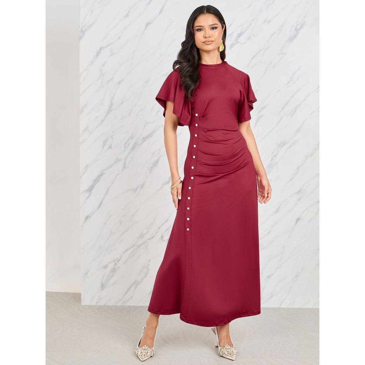 Styli Pleated Button Detail A-Line Maxi Dress-women-clothing-dresses-image-1