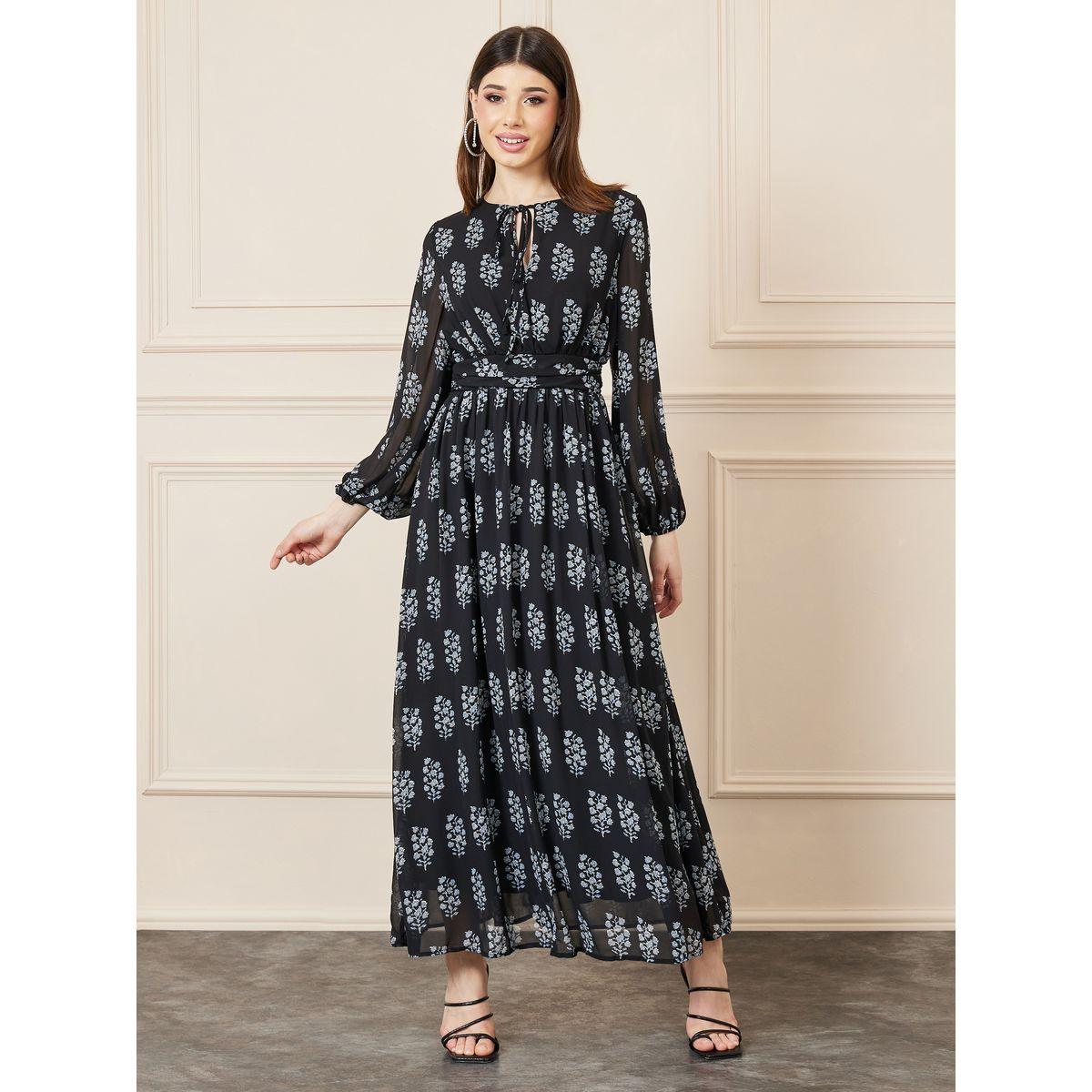 Styli Damask Print Tie Up Neck A-Line Maxi Dress-women-clothing-dresses-image-1