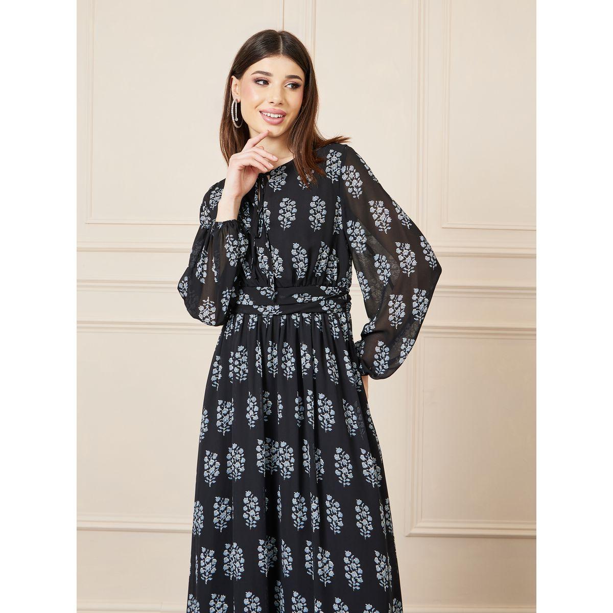 Styli Damask Print Tie Up Neck A-Line Maxi Dress-women-clothing-dresses-image-2
