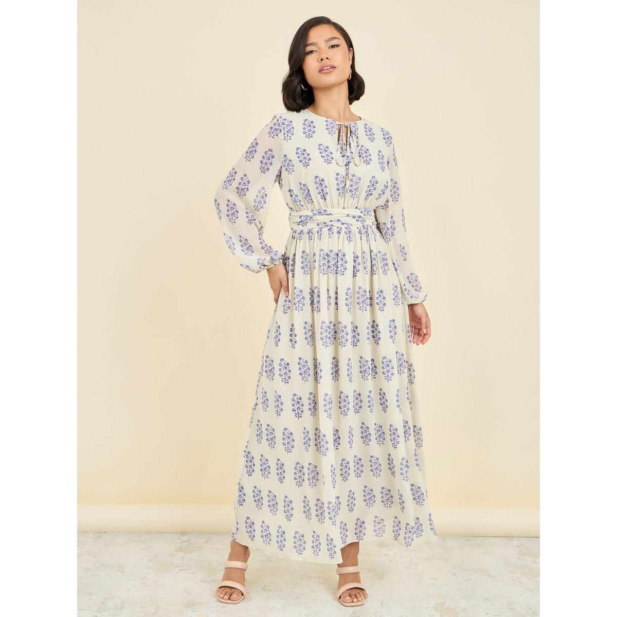 فستان طويل مطبع بزهور مع ياقة بأربطة-women-clothing-dresses-image-1