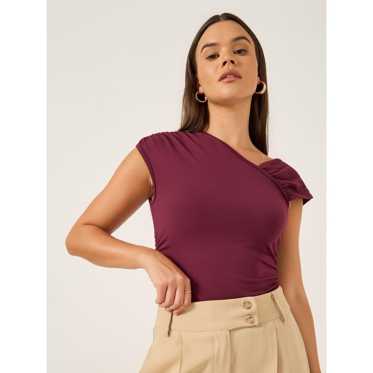 Styli Solid Asymmetric Neck Side Ruched Detail Bodysuit-women-clothing-shirtsandblouses-blouses-image-3
