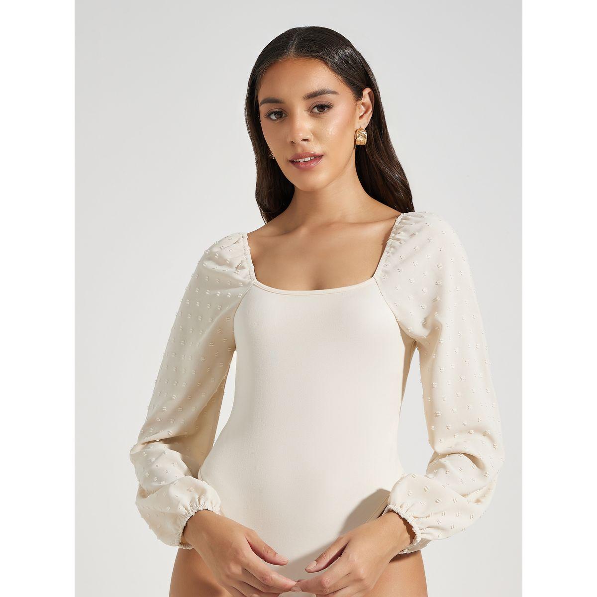 Styli Dobby Sleeves Square Neck Fitted Bodysuit-women-clothing-tshirts-image-1