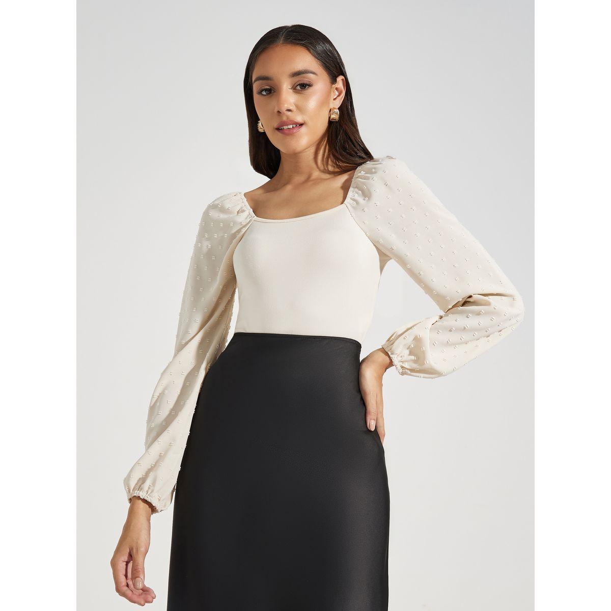 Styli Dobby Sleeves Square Neck Fitted Bodysuit-women-clothing-tshirts-image-2