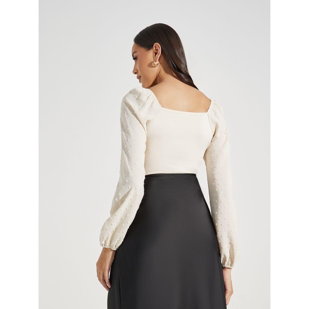 Styli Dobby Sleeves Square Neck Fitted Bodysuit-women-clothing-tshirts-image-5