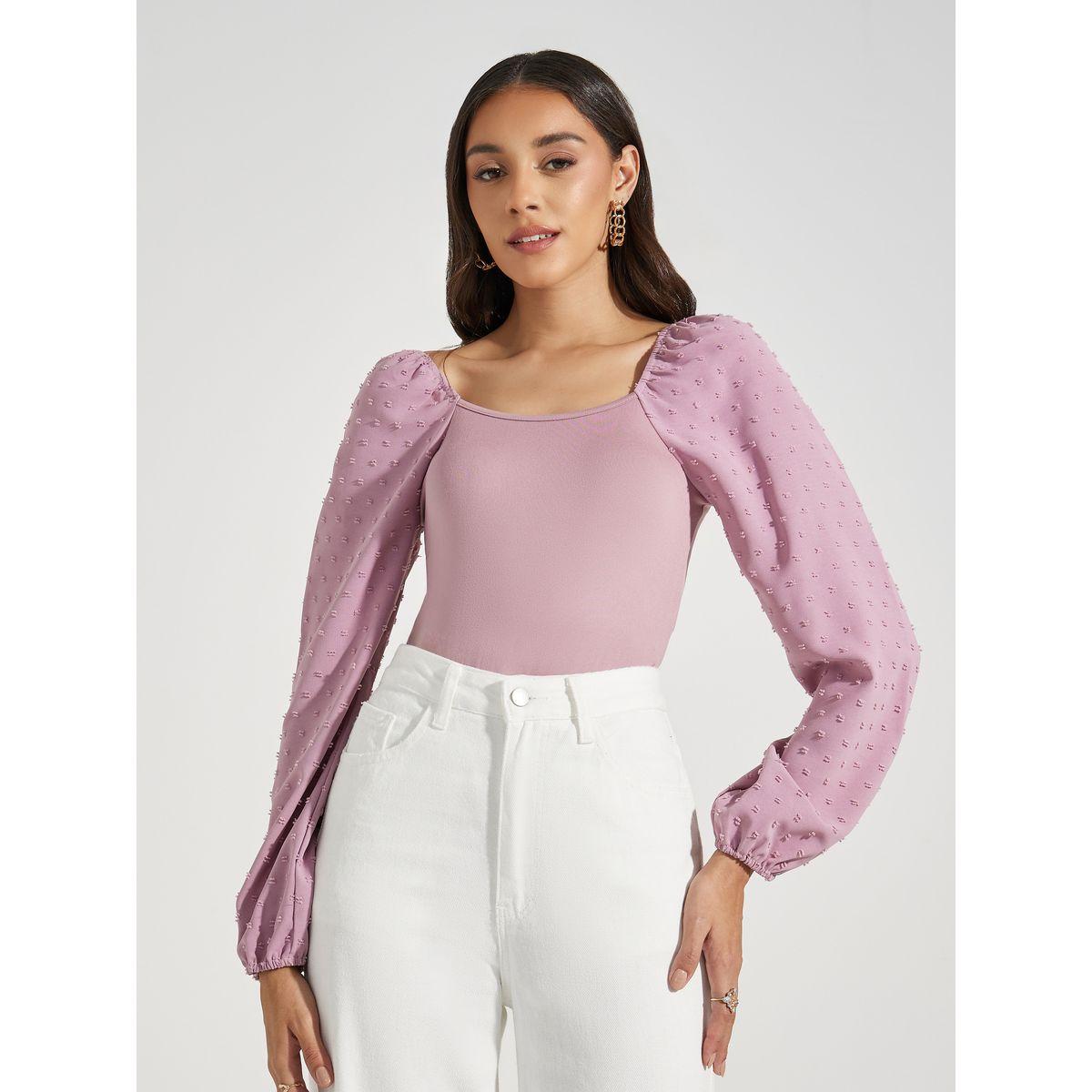 بودي سوت بياقة واسعة واكمام بخيوط دوبي-women-clothing-tshirts-image-2