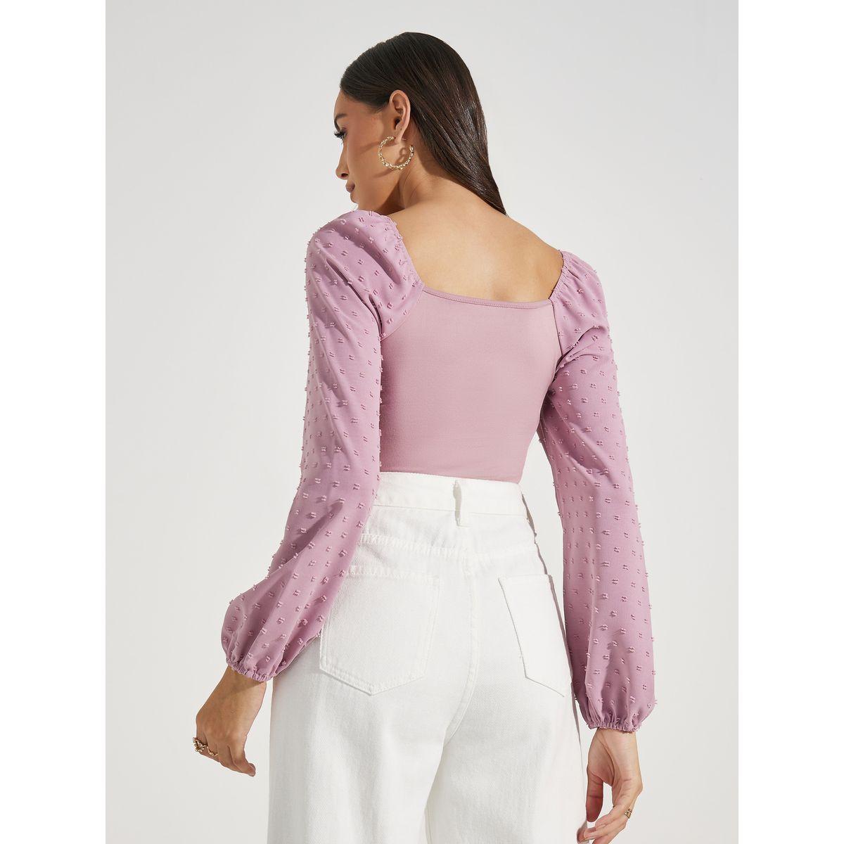 Styli Dobby Sleeves Square Neck Fitted Bodysuit-women-clothing-tshirts-image-5