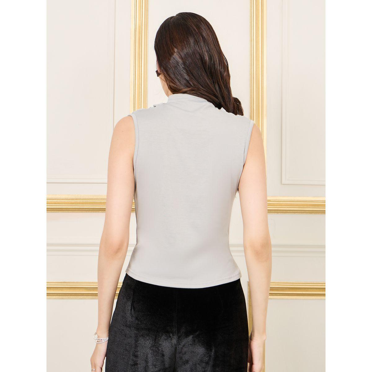 بلوزة سادة محبوكة بلا اكمام مع ياقة منسدلة-women-clothing-shirtsandblouses-blouses-image-1