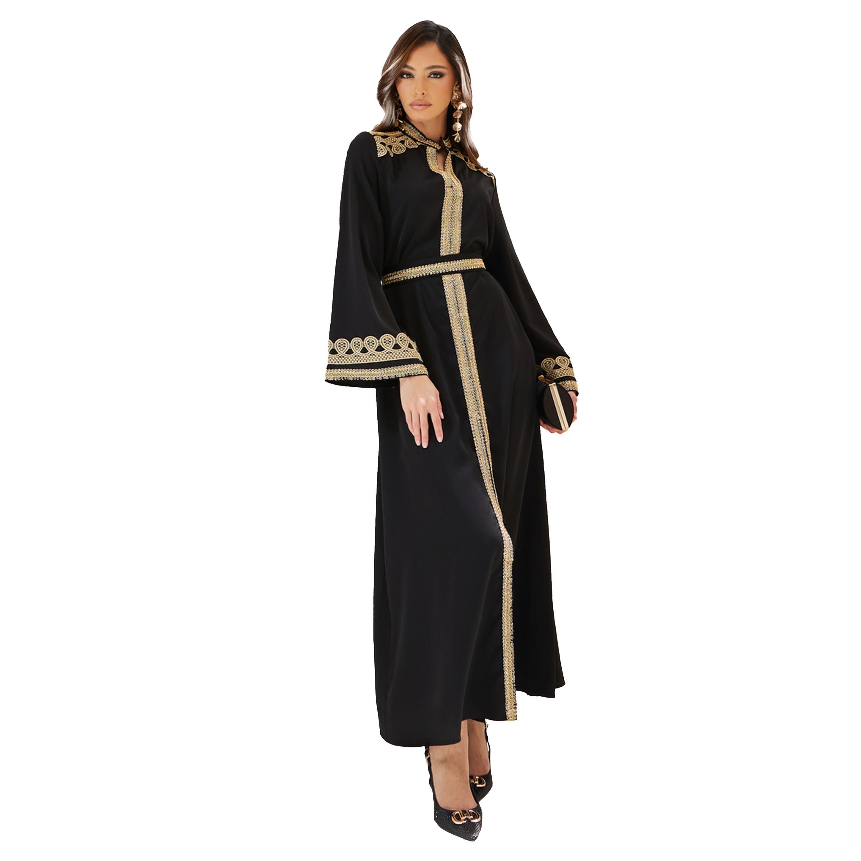 Amirah X Styli Embroidered Lace Trim Notch Neck Belted Jalabiya-women-arabicclothing-kaftan-image-1