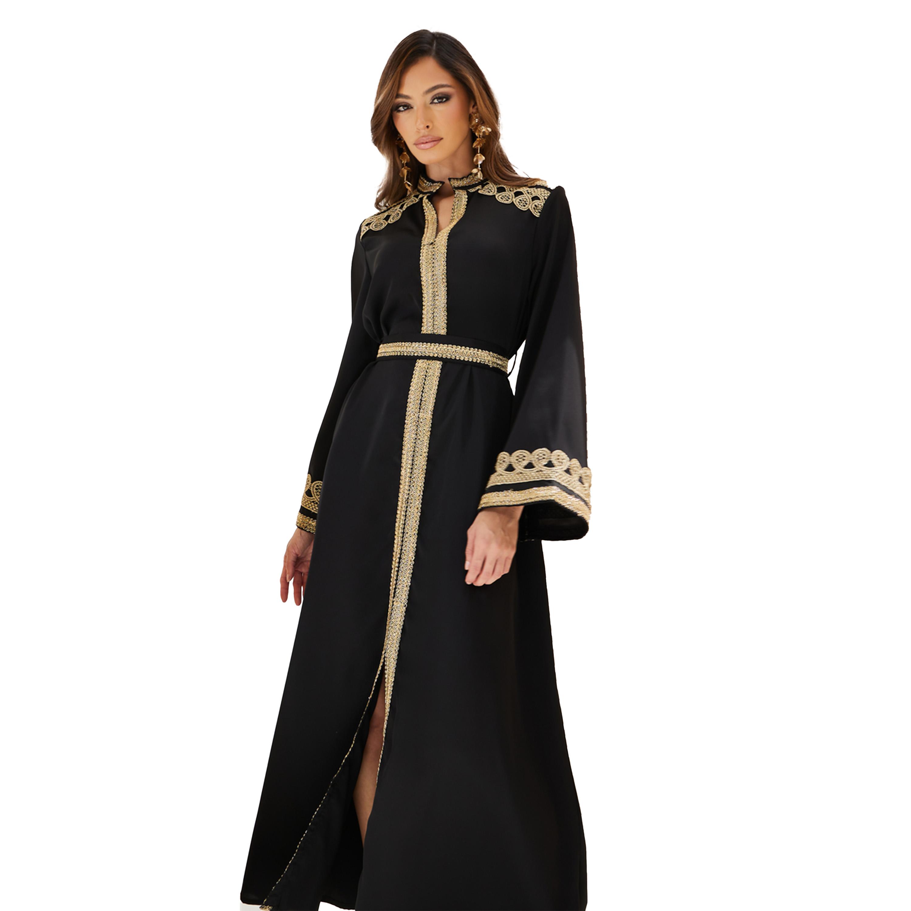 Amirah X Styli Embroidered Lace Trim Notch Neck Belted Jalabiya-women-arabicclothing-kaftan-image-3