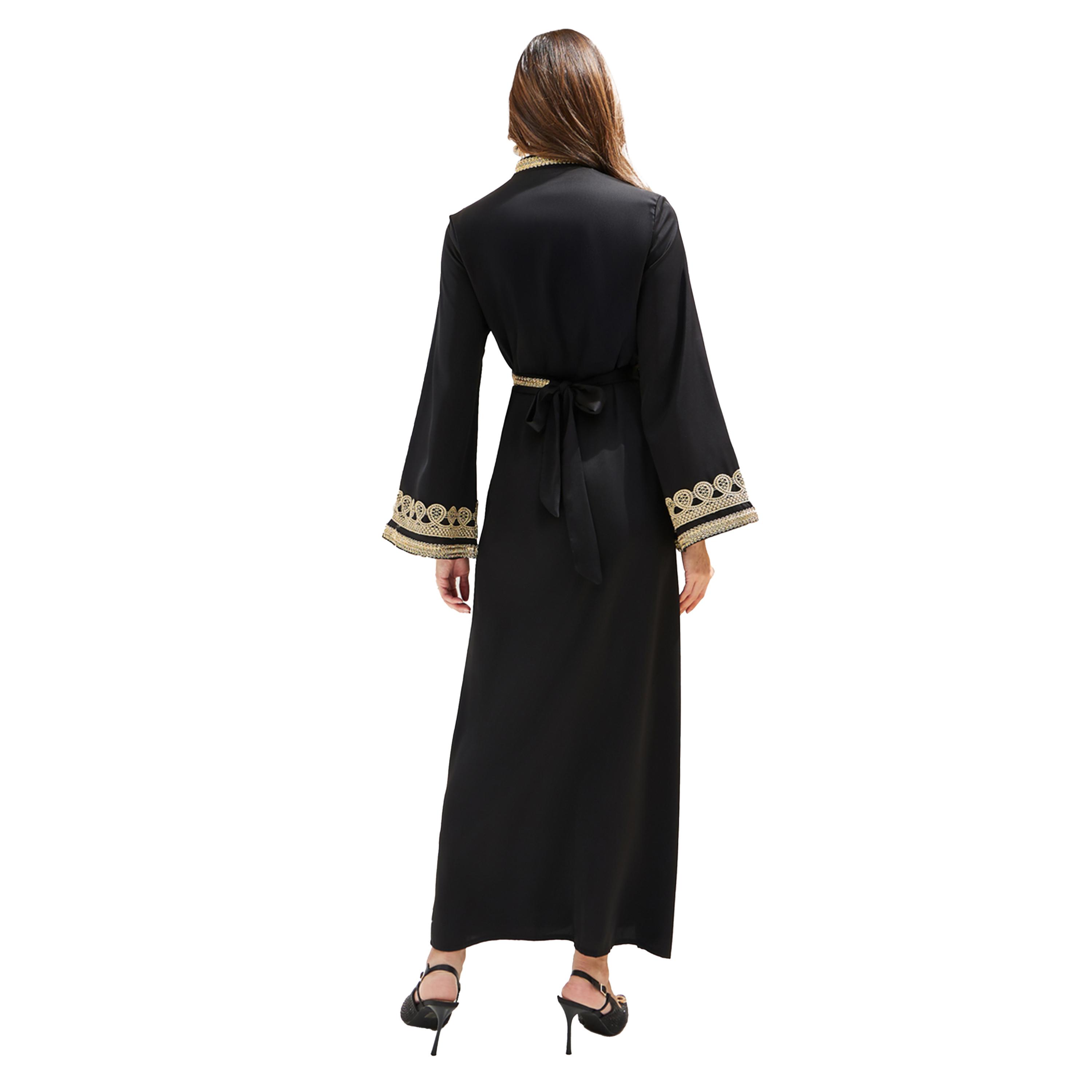 Amirah X Styli Embroidered Lace Trim Notch Neck Belted Jalabiya-women-arabicclothing-kaftan-image-5