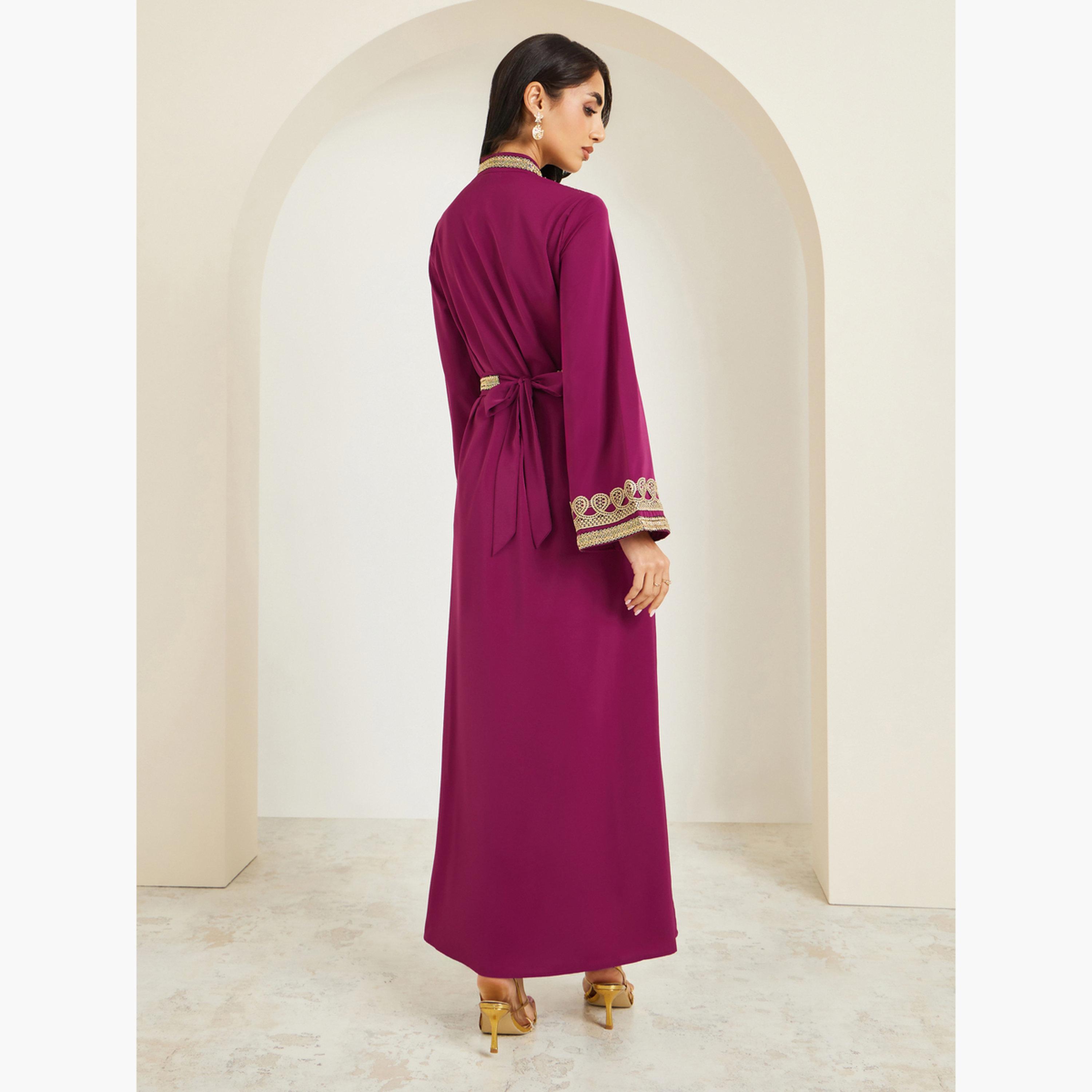 Styli Women Magenta Gold Embroidery Kaftan-women-arabicclothing-kaftan-image-5