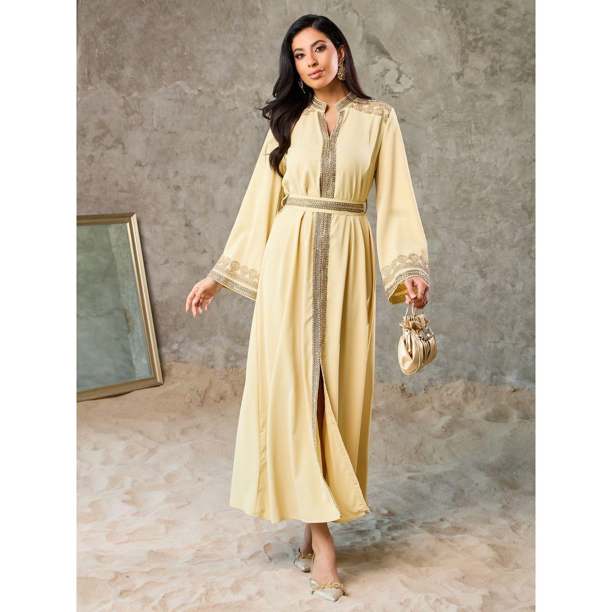 Styli Embroidered Lace Trim Notch Neck Belted Jalabiya-women-arabicclothing-jalabiyas-image-1