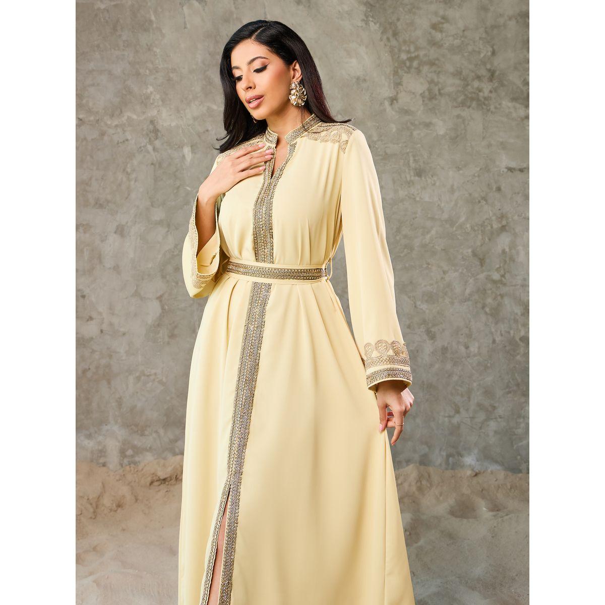Styli Embroidered Lace Trim Notch Neck Belted Jalabiya-women-arabicclothing-jalabiyas-image-2