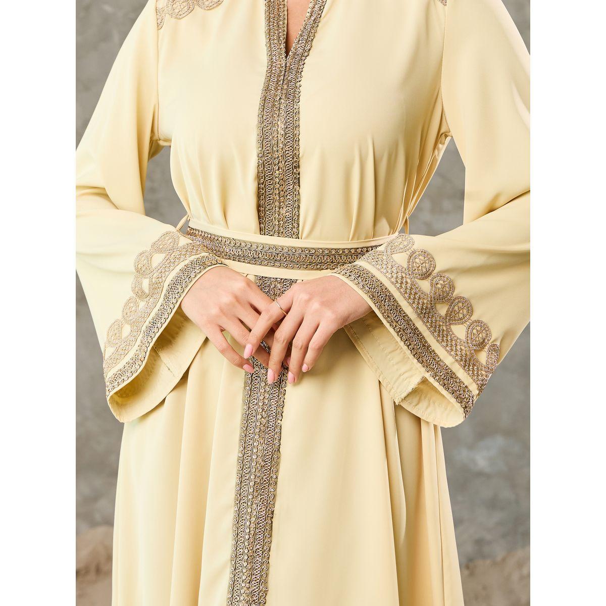 Styli Embroidered Lace Trim Notch Neck Belted Jalabiya-women-arabicclothing-jalabiyas-image-3