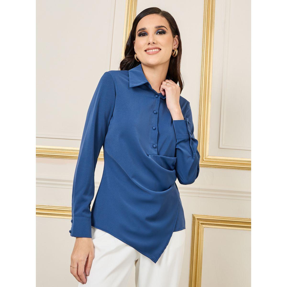 Styli Side Pleated Button Detail Collar Top-women-clothing-shirtsandblouses-blouses-image-1