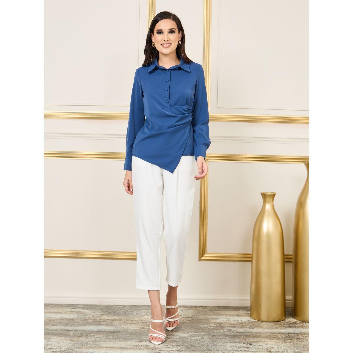 Styli Side Pleated Button Detail Collar Top-women-clothing-shirtsandblouses-blouses-image-2