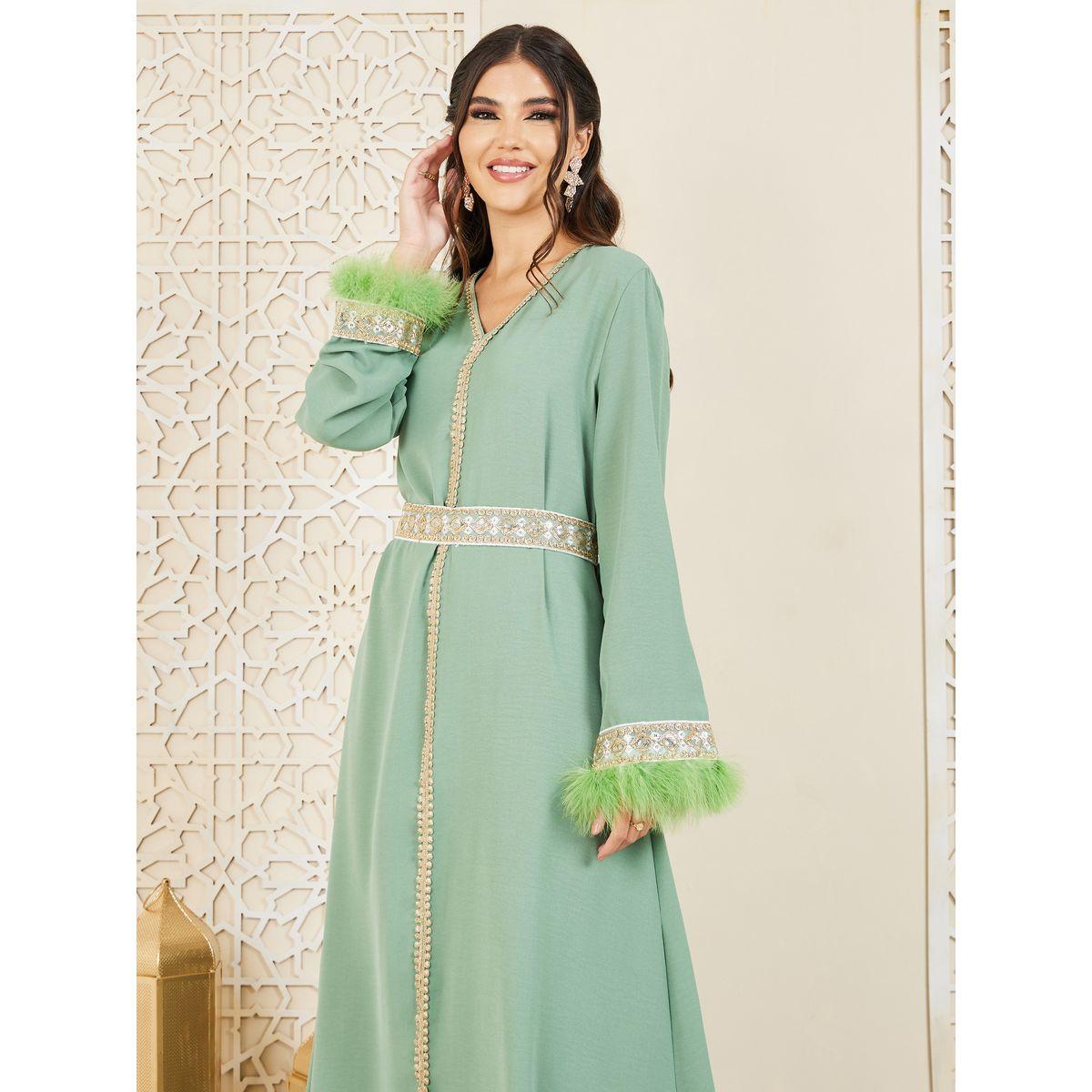 Styli Embroidered Lace Detail Faux Feather Trim Jalabiya-women-arabicclothing-jalabiyas-image-2