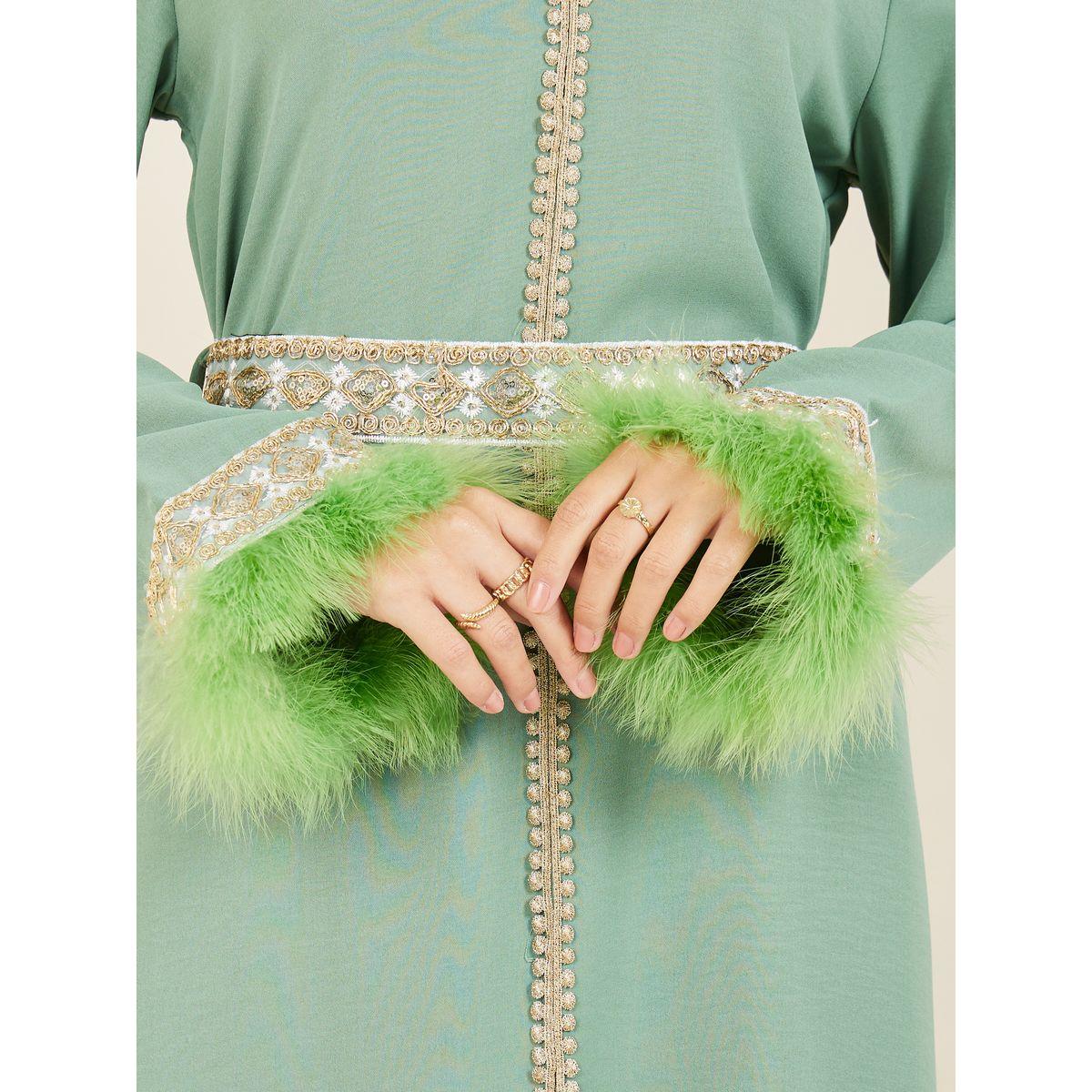 Styli Embroidered Lace Detail Faux Feather Trim Jalabiya-women-arabicclothing-jalabiyas-image-3