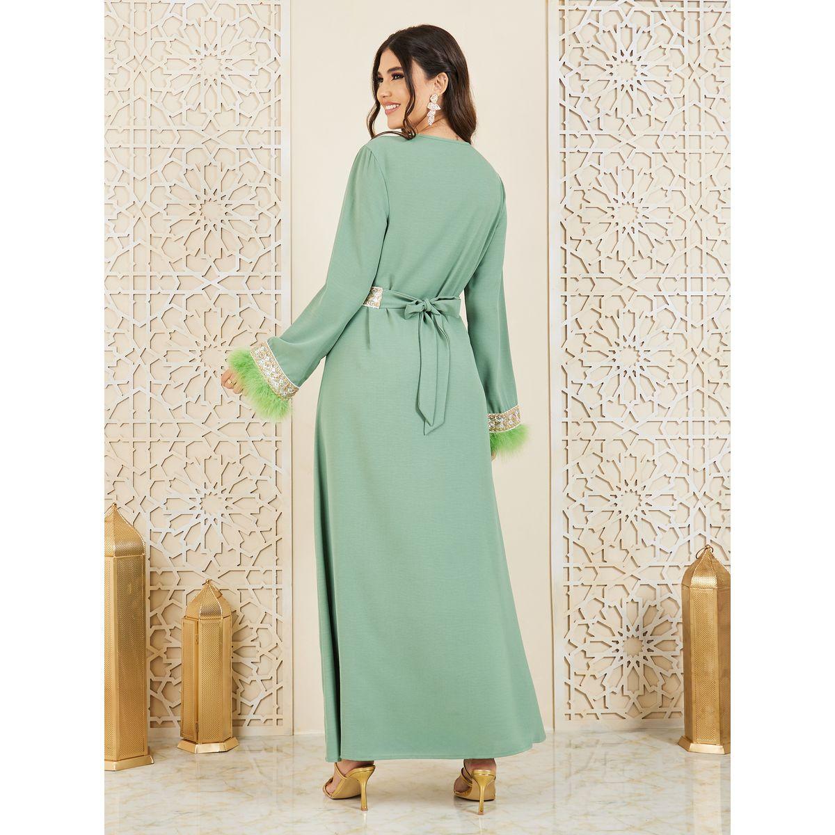 Styli Embroidered Lace Detail Faux Feather Trim Jalabiya-women-arabicclothing-jalabiyas-image-4
