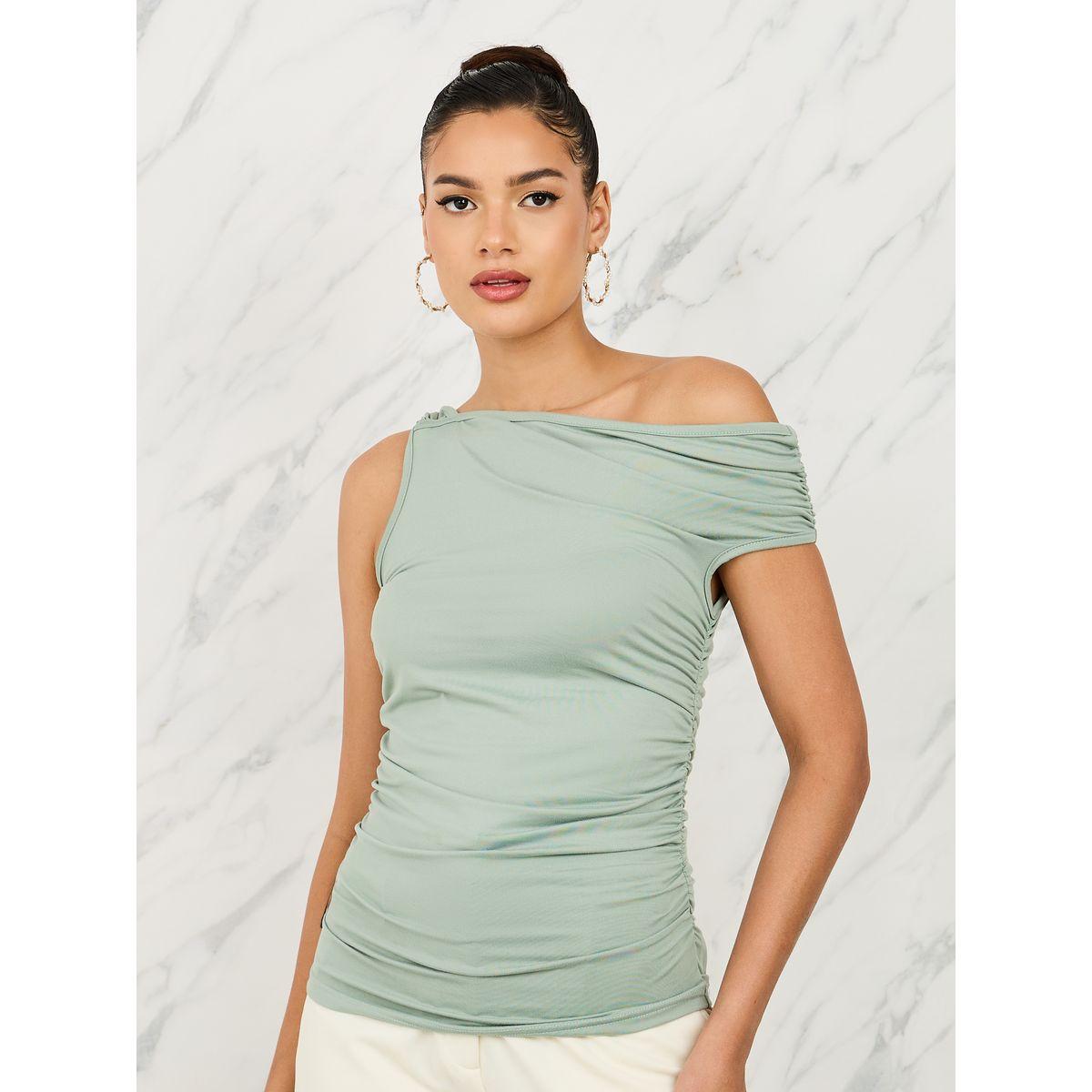 Styli Side Ruched Detail Asymmetric Neck Fitted Knit Top-women-clothing-shirtsandblouses-blouses-image-1