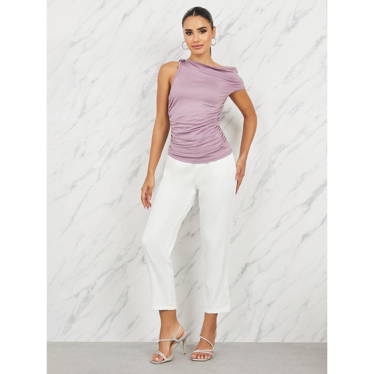 Styli Side Ruched Detail Asymmetric Neck Fitted Knit Top-women-clothing-shirtsandblouses-blouses-image-2