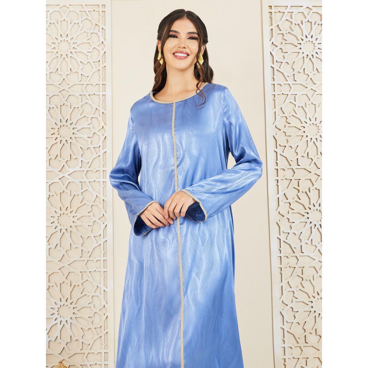 Styli Satin Jacquard Textured Lace Trim Jalabiya-women-arabicclothing-jalabiyas-image-2