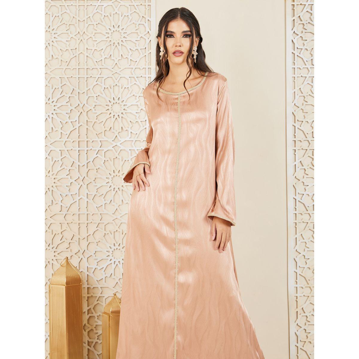 Styli Satin Jacquard Textured Lace Trim Jalabiya-women-arabicclothing-jalabiyas-image-2