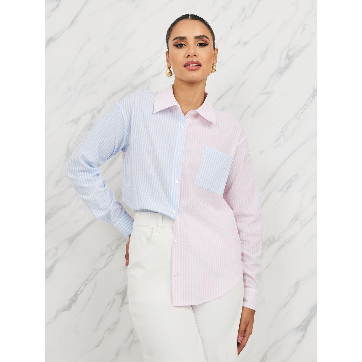 Styli Striped Colorblock Longline Shirt-women-clothing-shirtsandblouses-shirts-image-1