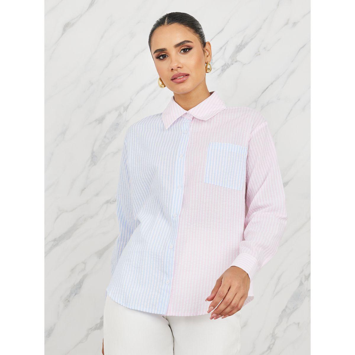 بلوزة مخططة بنمط كتل الالوان-women-clothing-shirtsandblouses-shirts-image-3