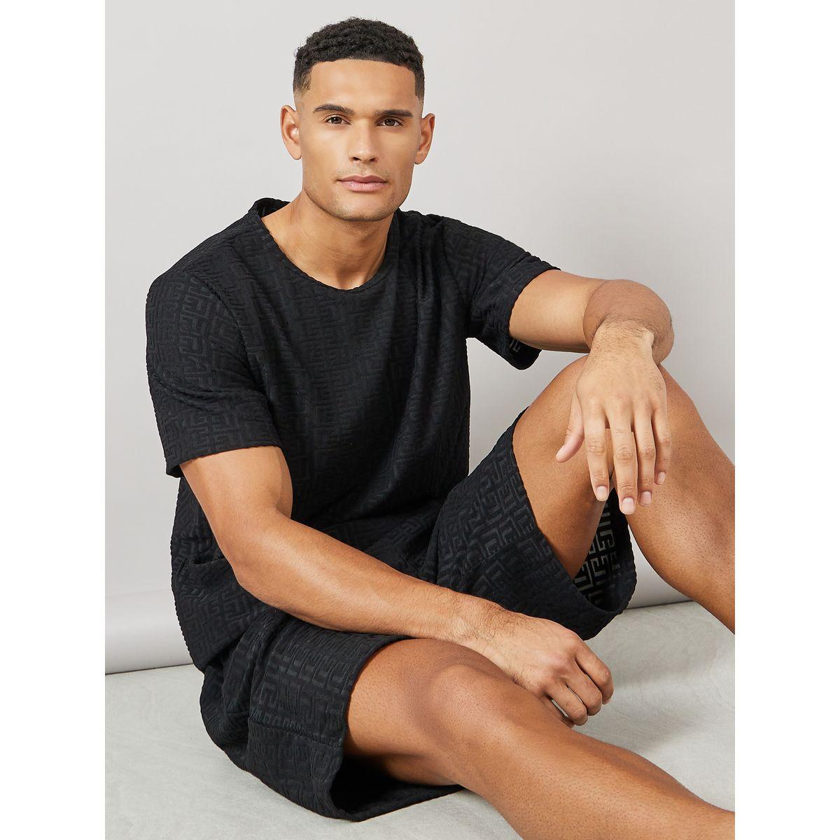 Styli Unwind Textured Short Sleeve T-Shirt and Short Set-men-clothing-nightwear-sets-image-1