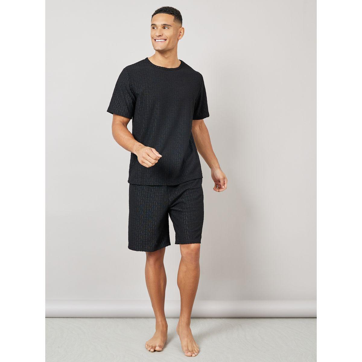 Styli Unwind Textured Short Sleeve T-Shirt and Short Set-men-clothing-nightwear-sets-image-2
