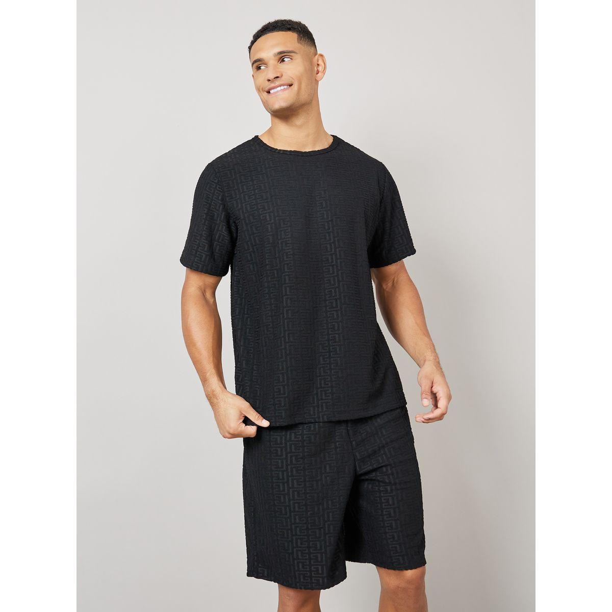 Styli Unwind Textured Short Sleeve T-Shirt and Short Set-men-clothing-nightwear-sets-image-3