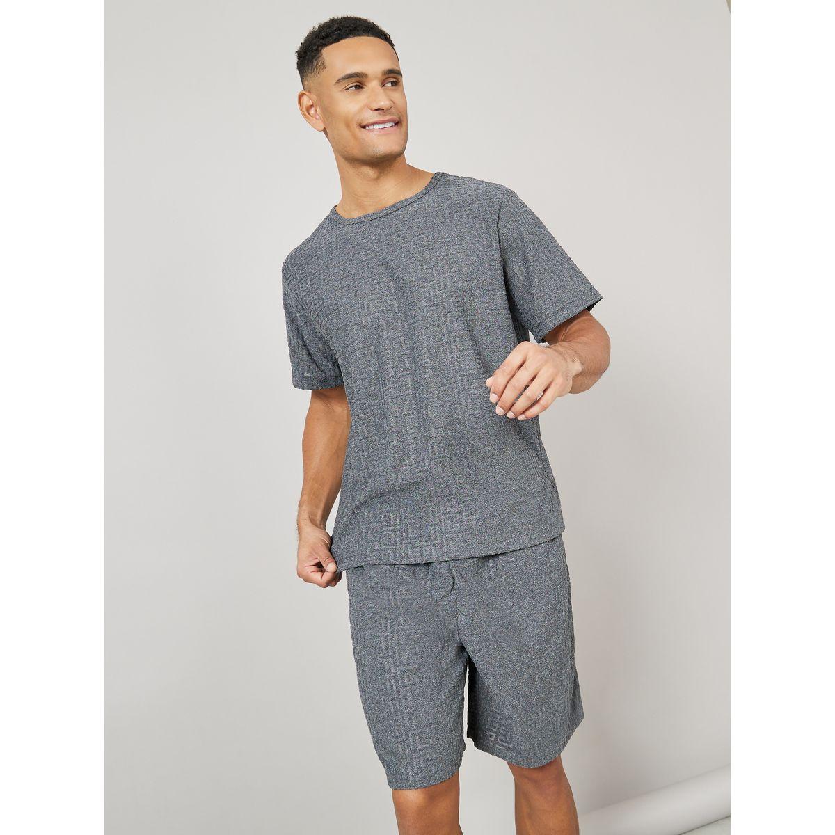 Styli Unwind Textured Short Sleeve T-Shirt and Short Set-men-clothing-nightwear-sets-image-1