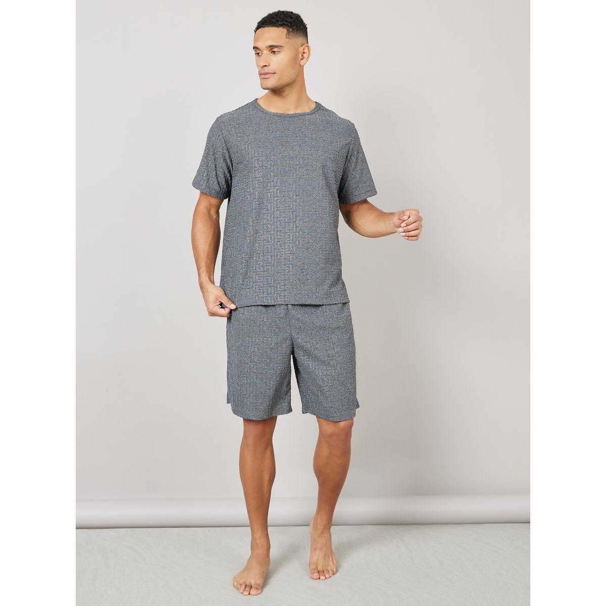 Styli Unwind Textured Short Sleeve T-Shirt and Short Set-men-clothing-nightwear-sets-image-2