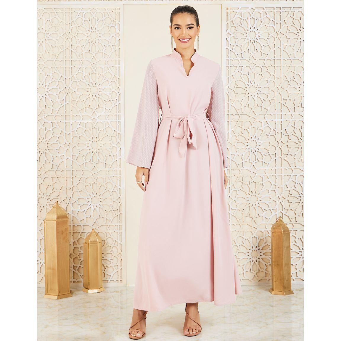 Styli Dobby Texture Sleeves Mandarin Neck Jalabiya with Self Tie-women-arabicclothing-jalabiyas-image-1