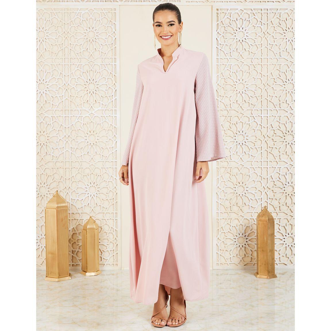 Styli Dobby Texture Sleeves Mandarin Neck Jalabiya with Self Tie-women-arabicclothing-jalabiyas-image-2