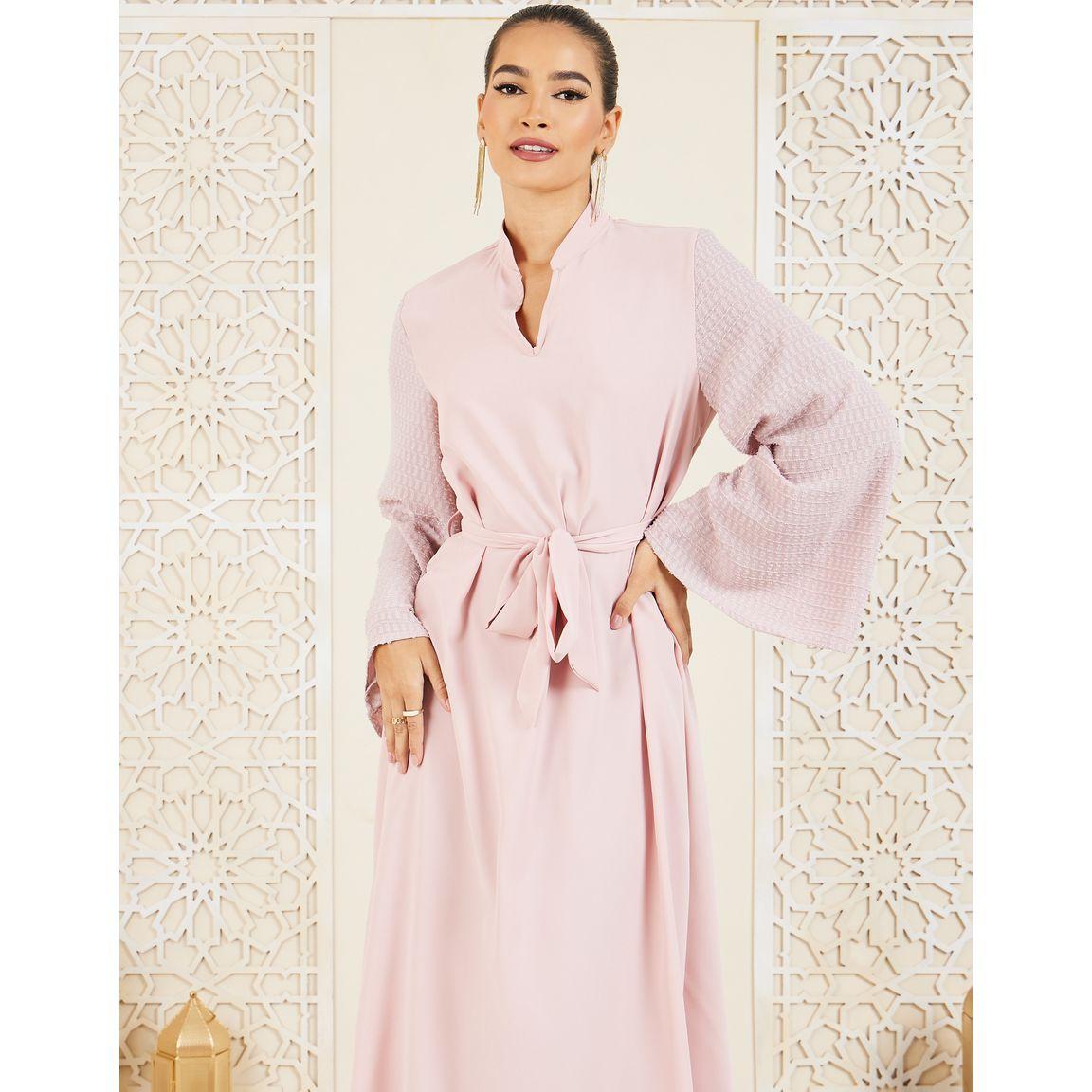 Styli Dobby Texture Sleeves Mandarin Neck Jalabiya with Self Tie-women-arabicclothing-jalabiyas-image-3