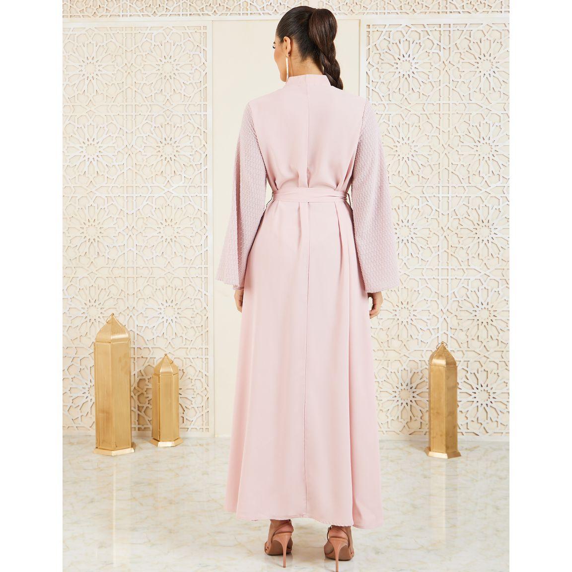 Styli Dobby Texture Sleeves Mandarin Neck Jalabiya with Self Tie-women-arabicclothing-jalabiyas-image-5