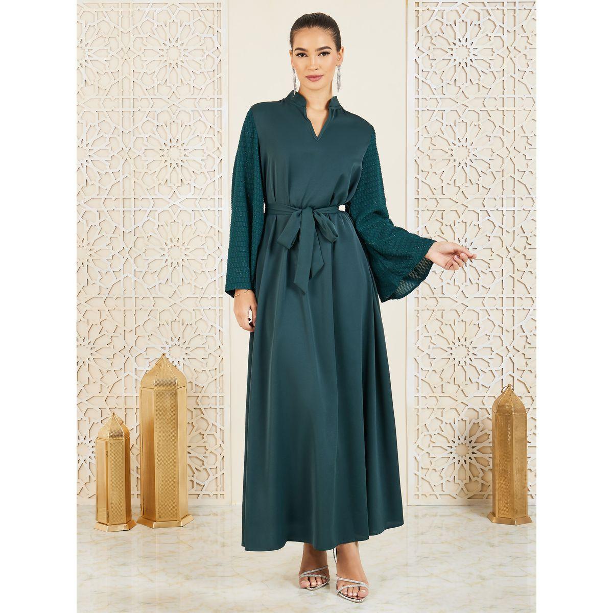 Styli Dobby Texture Sleeves Mandarin Neck Jalabiya with Self Tie-women-arabicclothing-jalabiyas-image-1