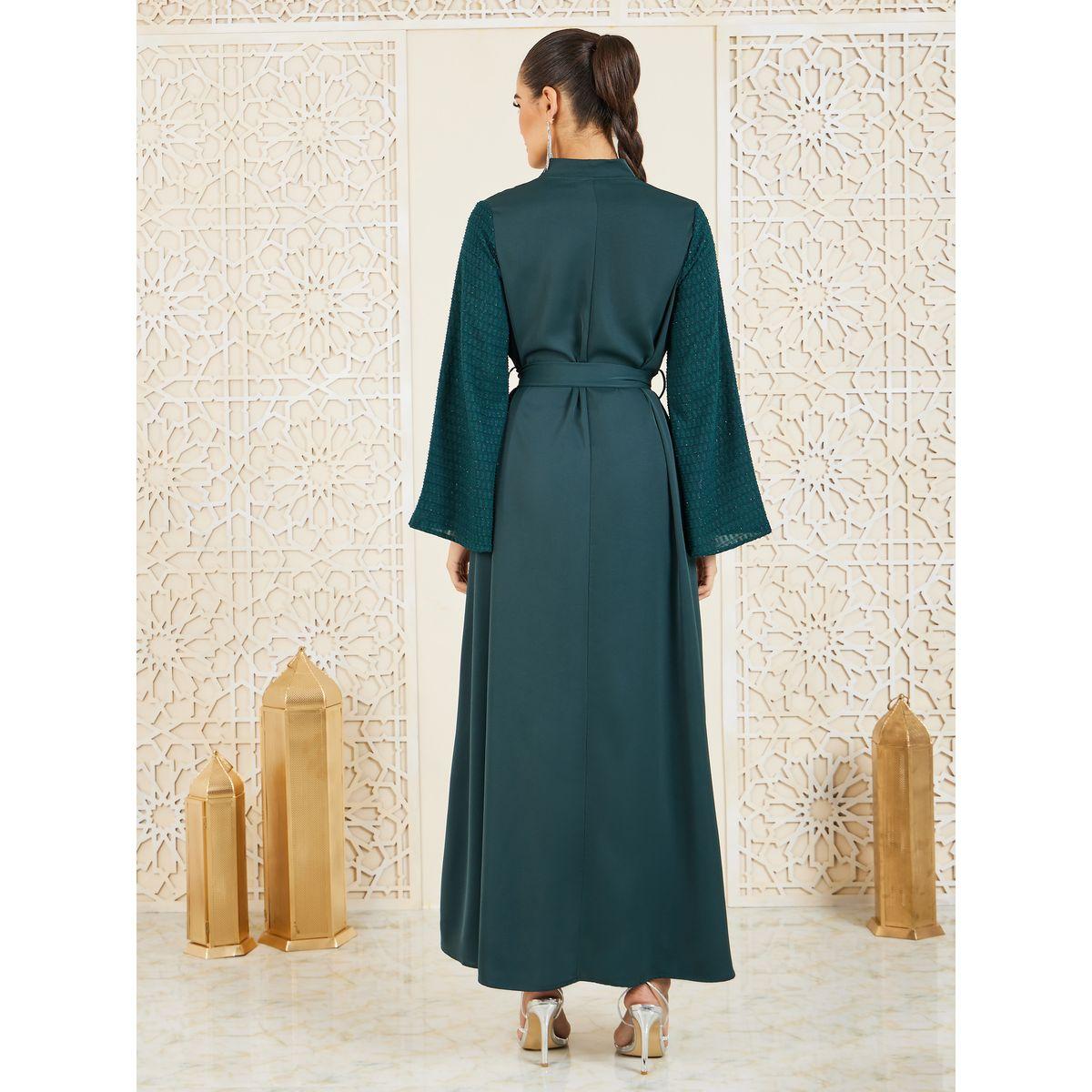 Styli Dobby Texture Sleeves Mandarin Neck Jalabiya with Self Tie-women-arabicclothing-jalabiyas-image-4
