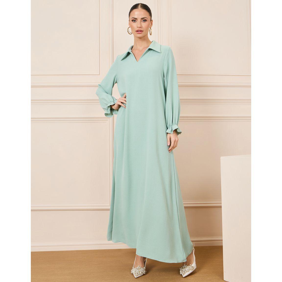 Styli Solid Collared Puff Sleeve Jalabiya-women-arabicclothing-jalabiyas-image-1