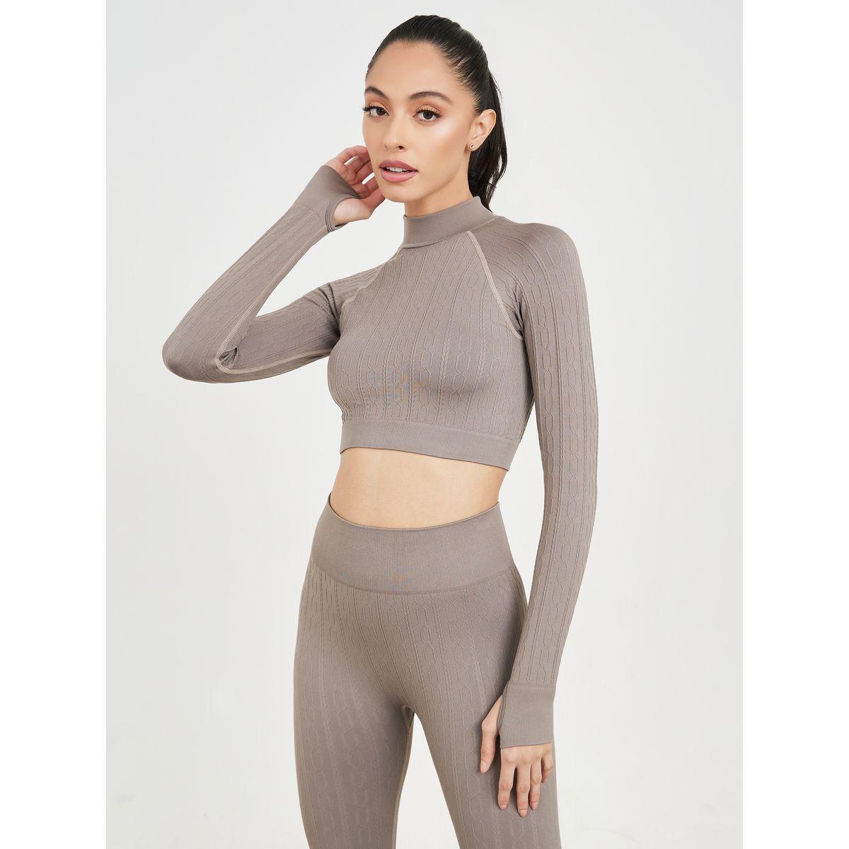 Styli Active Textured High Neck Contrast Stitch Thumbhole Crop Top and Legging Set-women-clothing-sportswearandactivewear-trackpantsandtracksuits-image-2