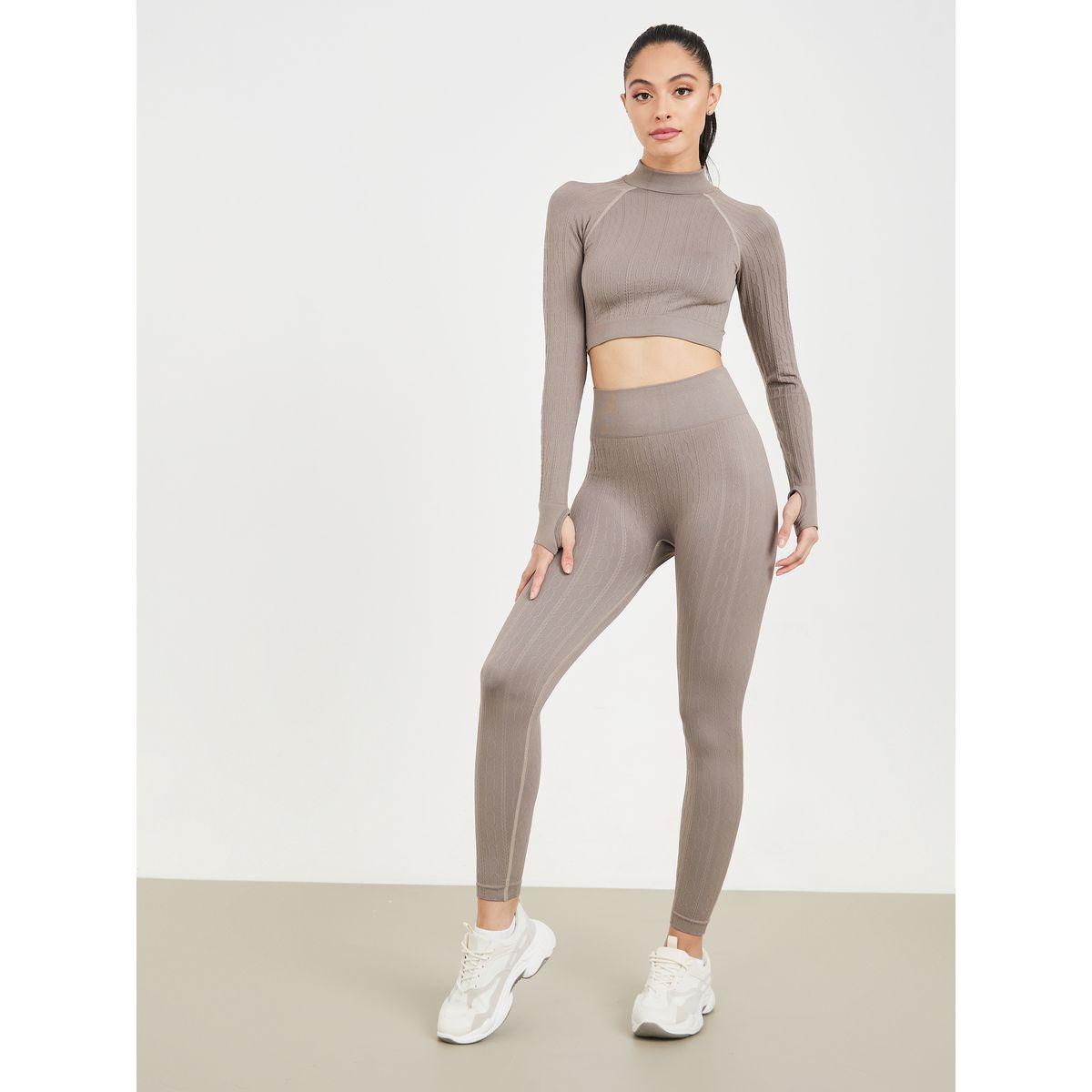Styli Active Textured High Neck Contrast Stitch Thumbhole Crop Top and Legging Set-women-clothing-sportswearandactivewear-trackpantsandtracksuits-image-3